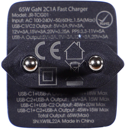 Joyroom TCG01 USB-C Network Charger with Cable, 65W, 3.25A, 1 x USB-A - 2 x USB-C, Black