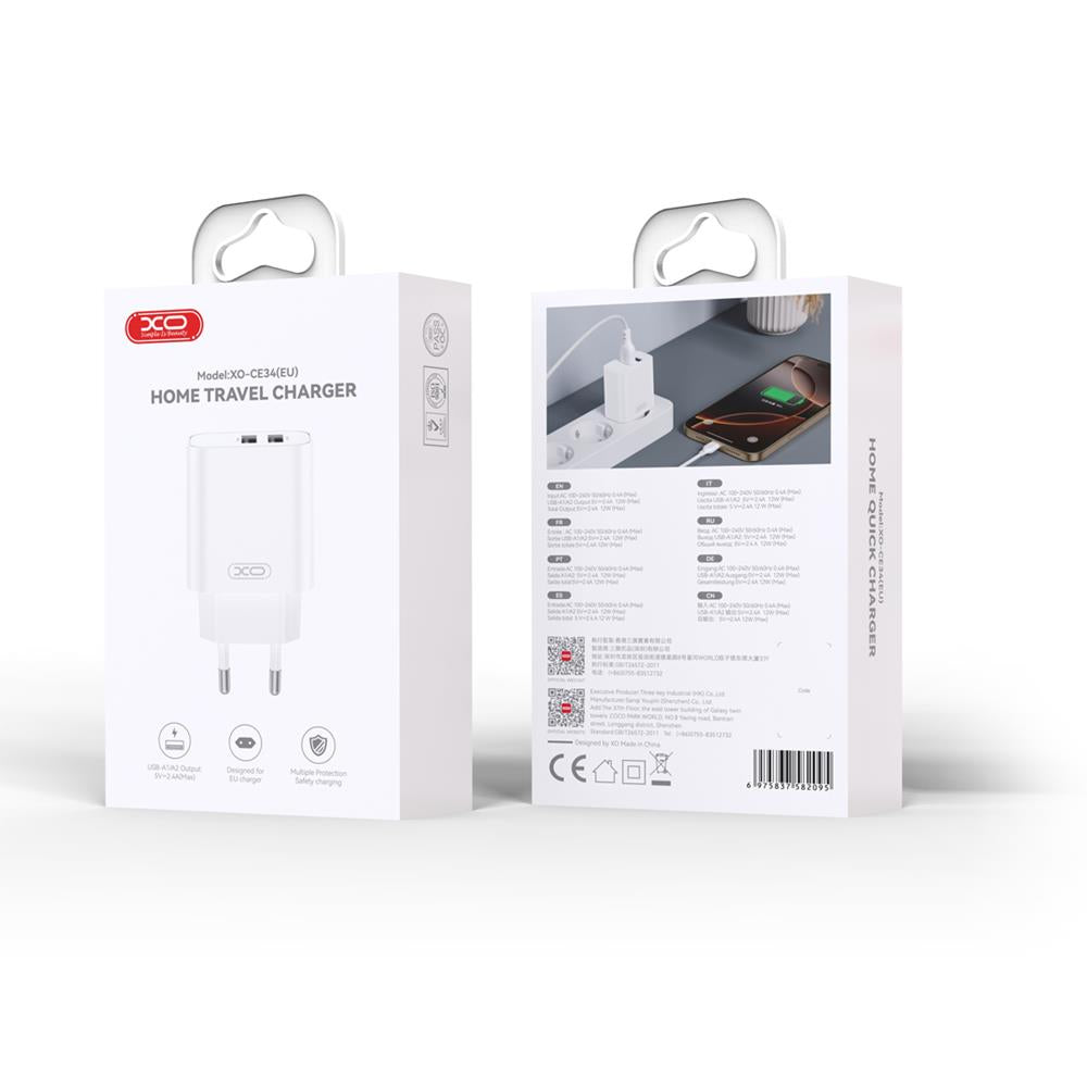 Network Charger with USB-C Cable XO Design CE34, 12W, 2.4A, 2 x USB-A, White