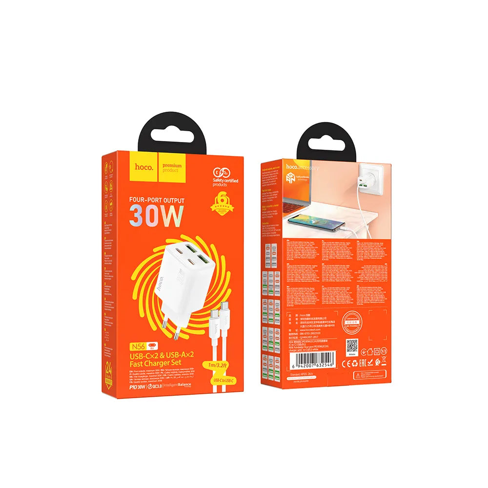 Network Charger with USB-C Cable HOCO N56, 30W, 3A, 2 x USB-A - 2 x USB-C, White