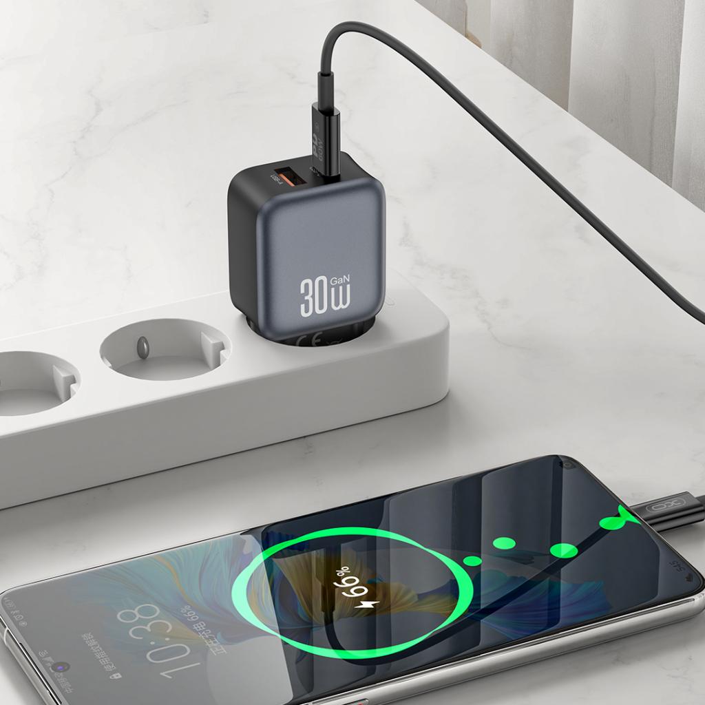 Network Charger with USB-C Cable XO Design L156, 30W, 3A, 1 x USB-A - 1 x USB-C, Black