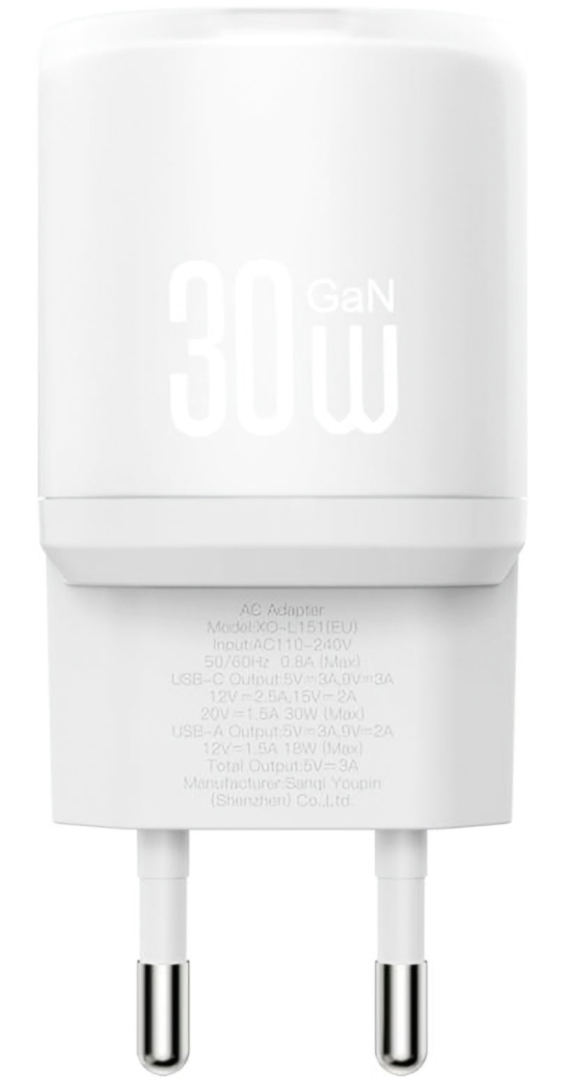 Network Charger with USB-C Cable XO Design L151, 30W, 3A, 1 x USB-A - 1 x USB-C, White