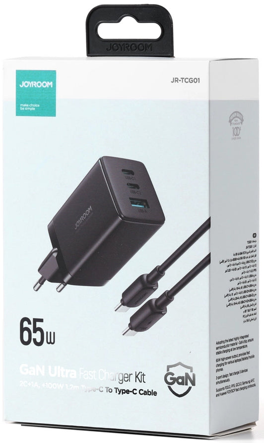 Joyroom TCG01 USB-C Network Charger with Cable, 65W, 3.25A, 1 x USB-A - 2 x USB-C, Black