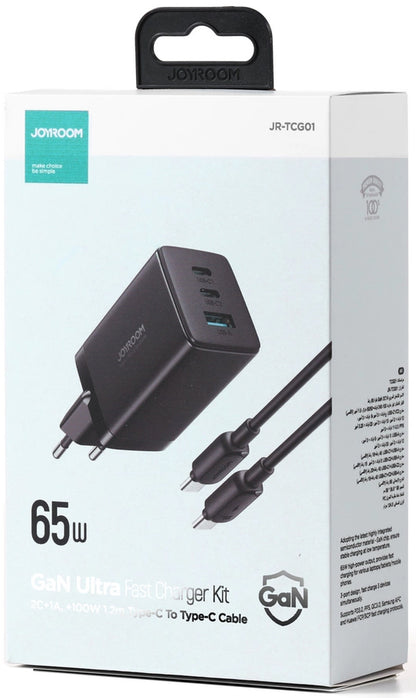 Joyroom TCG01 USB-C Network Charger with Cable, 65W, 3.25A, 1 x USB-A - 2 x USB-C, Black