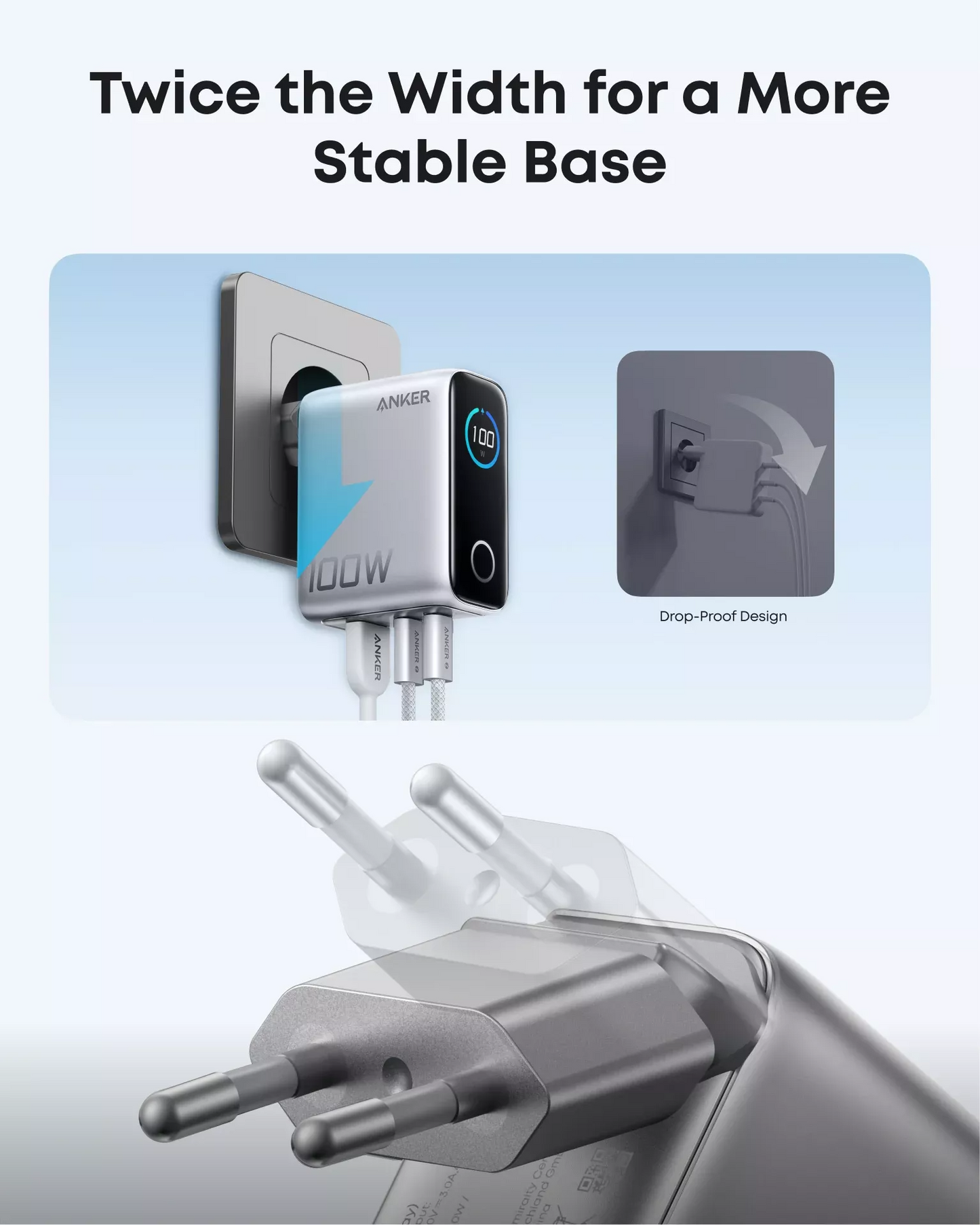 Network Charger with USB-C Cable Anker Smart Display, 100W, 5A, 1 x USB-A - 2 x USB-C, Silver B121BG41