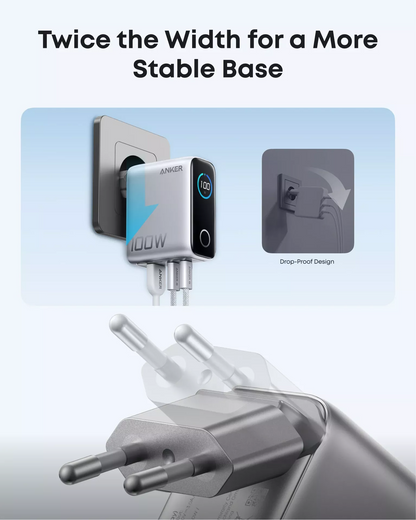 Network Charger with USB-C Cable Anker Smart Display, 100W, 5A, 1 x USB-A - 2 x USB-C, Silver B121BG41