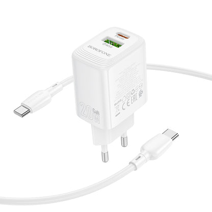 Network Charger with USB-C Cable Borofone BN27 Fuente, 20W, 3A, 1 x USB-A - 1 x USB-C, White