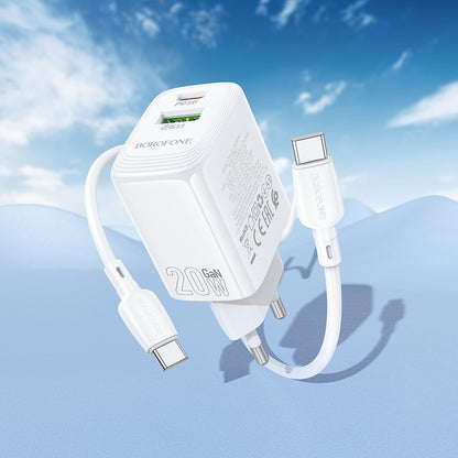 Network Charger with USB-C Cable Borofone BN27 Fuente, 20W, 3A, 1 x USB-A - 1 x USB-C, White