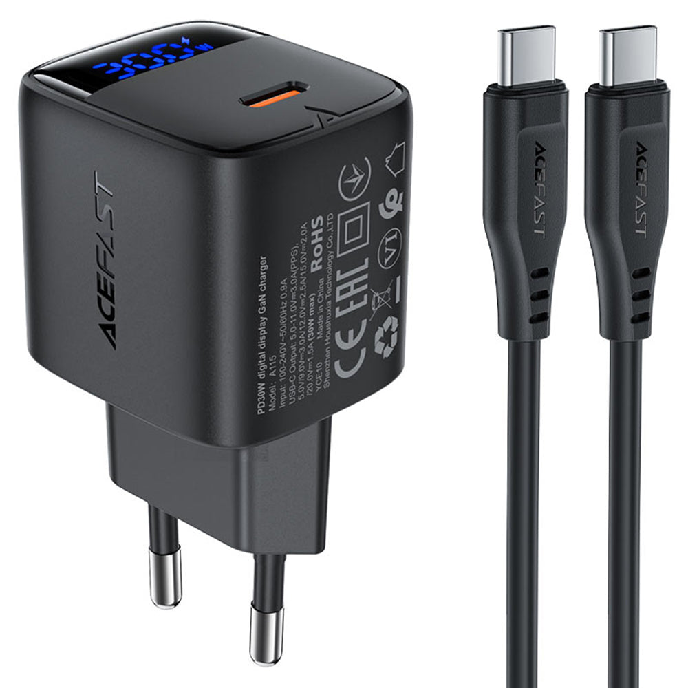 Acefast A115 Display USB-C Network Charger with Cable, 30W, 3A, 1 x USB-C, Black