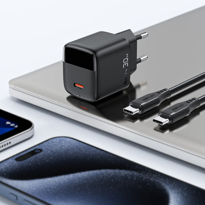 Acefast A115 Display USB-C Network Charger with Cable, 30W, 3A, 1 x USB-C, Black
