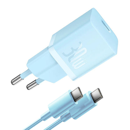 Network Charger with USB-C Cable Baseus GaN Mini 1C, 30W, 3A, 1 x USB-C, Blue P10110902313-00