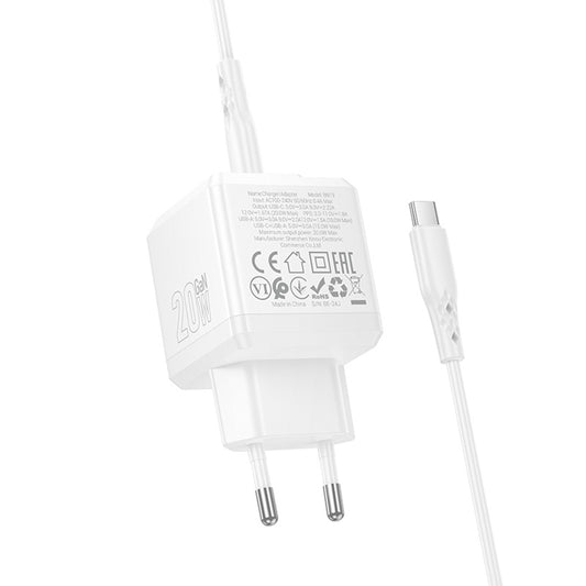 Network Charger with USB-C Cable Borofone BN19 Intenso, 20W, 3A, 1 x USB-A - 1 x USB-C, White