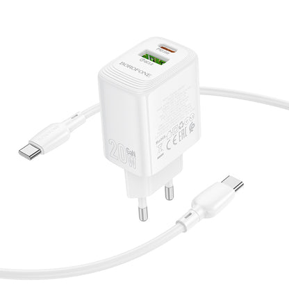 Network Charger with USB-C Cable Borofone BN27 Fuente, 20W, 3A, 1 x USB-A - 1 x USB-C, White
