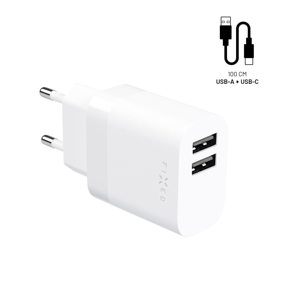 Fixed USB-C Network Charger with Cable, 17W, 3A, 2 x USB-A, White