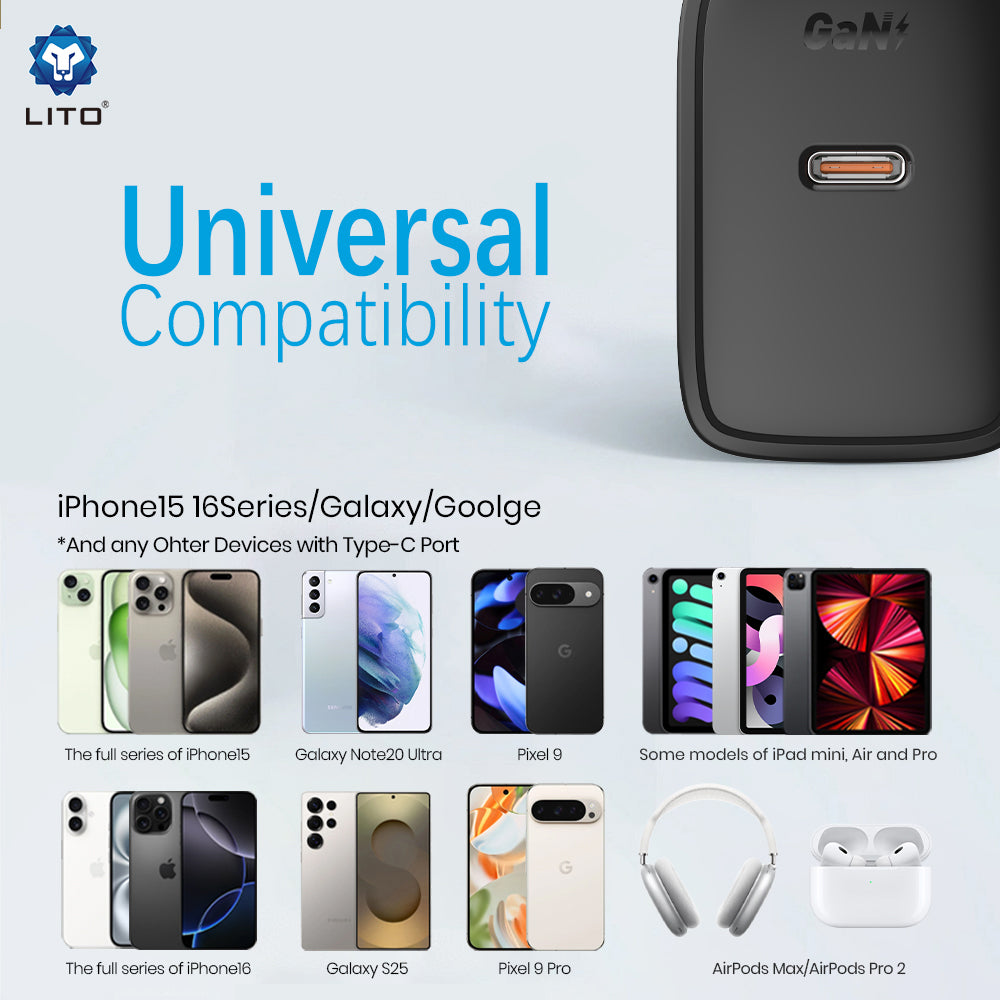 Network Charger with USB-C Cable Lito LC20T, 45W, 3A, 1 x USB-C, Black