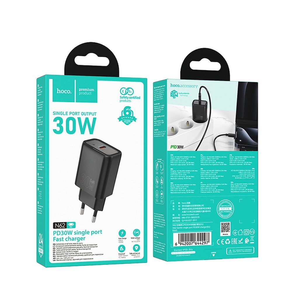 HOCO N62 Network Charger, 30W, 3A, 1 x USB-C, Black