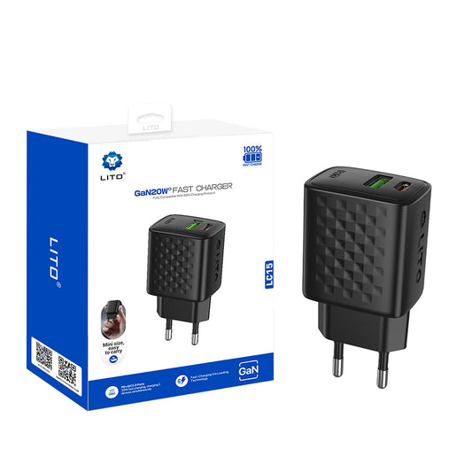 Lito LC15 Network Charger, 20W, 3A, 1 x USB-A - 1 x USB-C, Black
