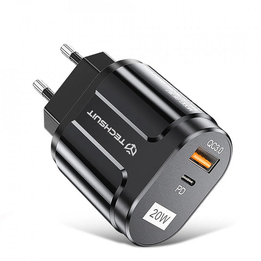 Techsuit Premium Network Charger, 20W, 3A, 1 x USB-A - 1 x USB-C, Black CHPD038