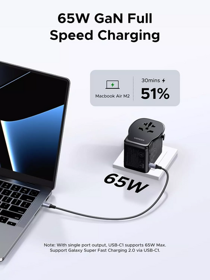UGREEN Travel S550 Network Charger (55001), 65W, 3.25A, 1 x USB-A - 2 x USB-C, Black
