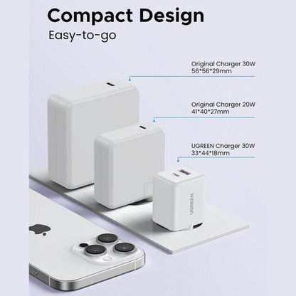 UGREEN X516 Network Charger, 30W, 3A, 1 x USB-A - 1 x USB-C, White