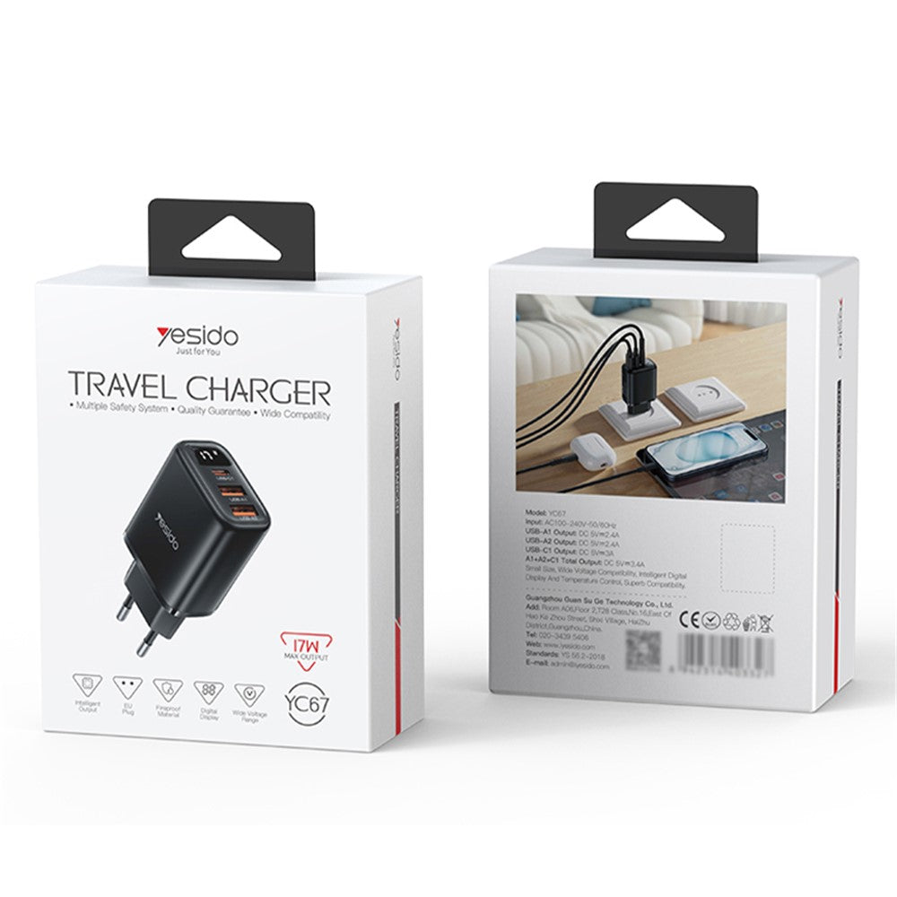 Yesido YC67 Display Network Charger, 17W, 2.4A, 2 x USB-A - 1 x USB-C, Black