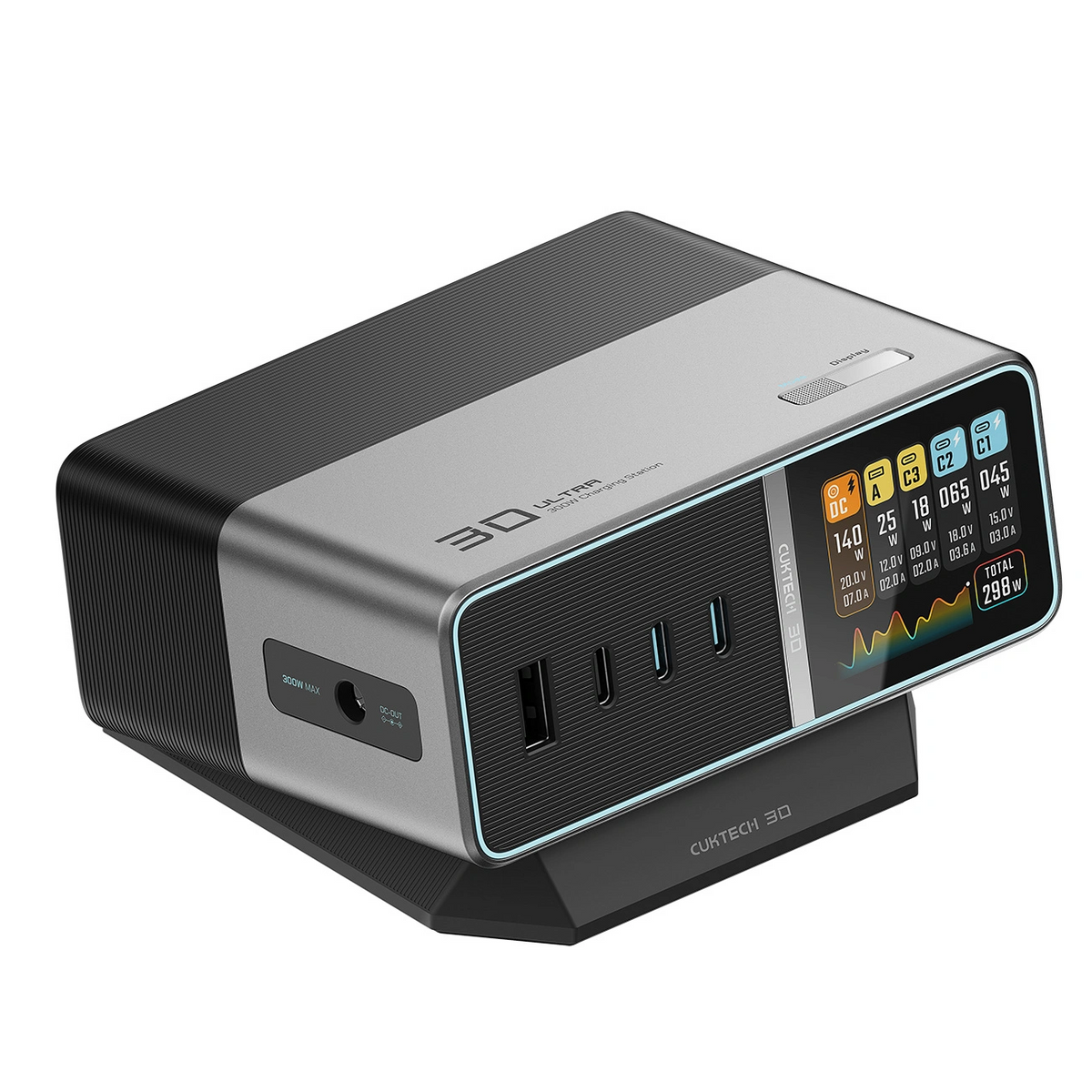 Cuktech TA3005U Station Charger, 300W, 1 x DC - 1 x USB-A - 3 x USB-C, Gray