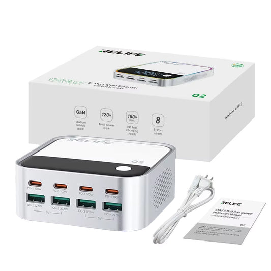 Relife Q2 Charging Station, 120W, 5A, 4 x USB-A - 4 x USB-C, Silver