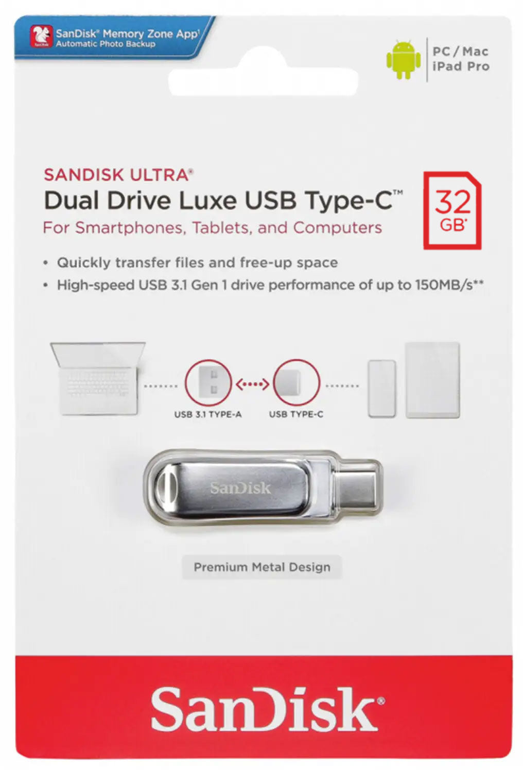 External Memory USB-A 3.2 / USB-C SanDisk Ultra Luxe Dual Drive, 32Gb SDDDC4-032G-G46