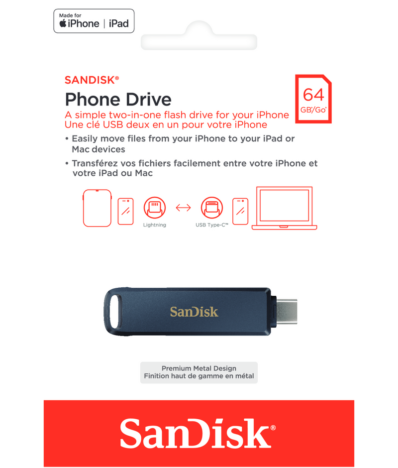 SanDisk Phone Drive External Memory USB-C / Lightning, 64Gb SDIXD0N-064G-GN6NN