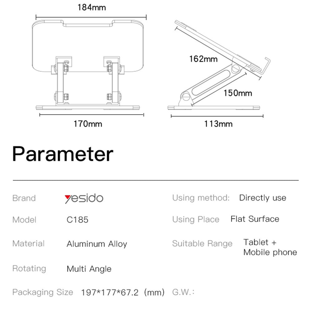 Yesido C185 Desk Stand, 4.5inch - 13inch, Silver
