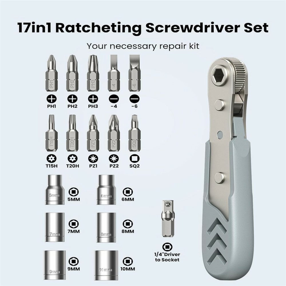 Axth Ratchet Screwdriver, 17in1, Gray